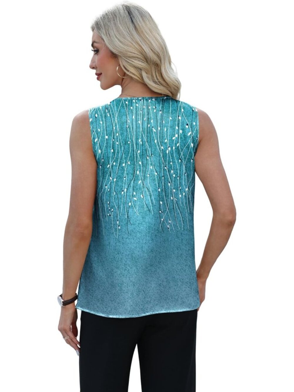 Women's Blue Print Sleeveless V Neck Silk Satin Blouses Pull On Casual Tank Tops - Picture 5 of 5